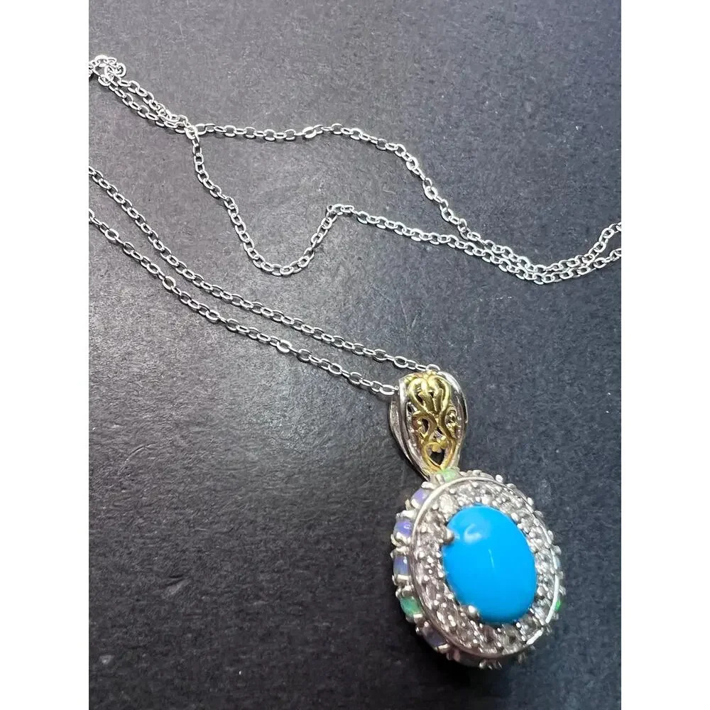 New Opal and turquoise halo pendant and chain necklace